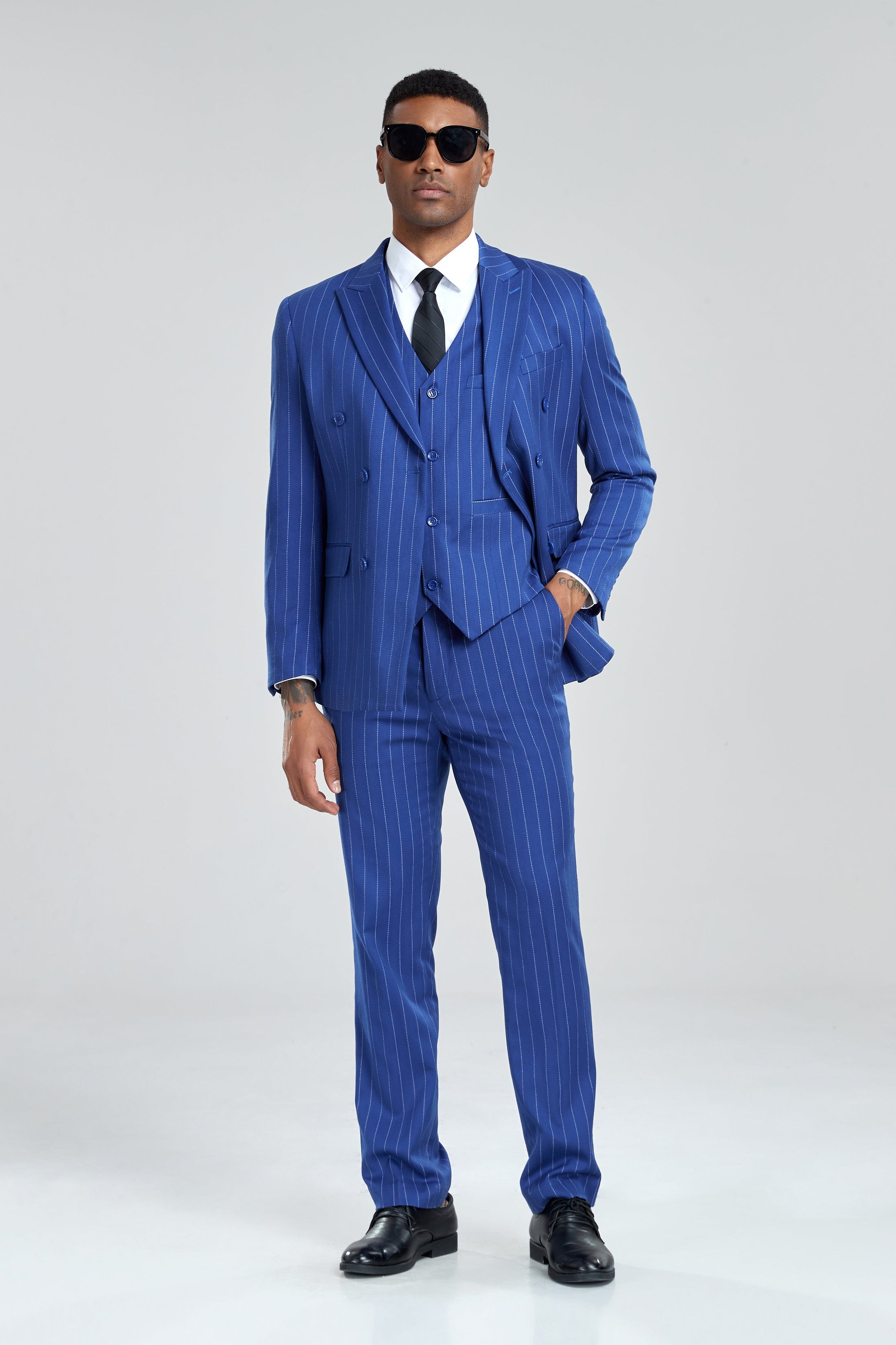 Royal Blue Stripe Men's 3 Piece Suits