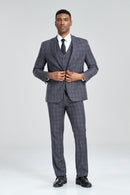 Grey Navy Light Blue Plaid Men's 3 Piece Suits