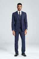 Grey Navy Light Blue Plaid Men's 3 Piece Suits