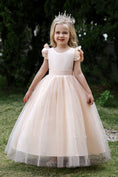 Charger l'image dans la visionneuse de la galerie, Satin Girl Dress with Pearl Tulle Cape Flower Girl Dresses for Wedding Tulle Pageant Princess Gown FLC00426
