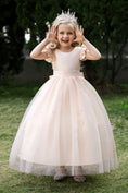 Charger l'image dans la visionneuse de la galerie, Satin Girl Dress with Pearl Tulle Cape Flower Girl Dresses for Wedding Tulle Pageant Princess Gown FLC00426
