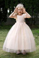 Satin Girl Dress with Pearl Tulle Cape Flower Girl Dresses for Wedding Tulle Pageant Princess Gown FLC00426