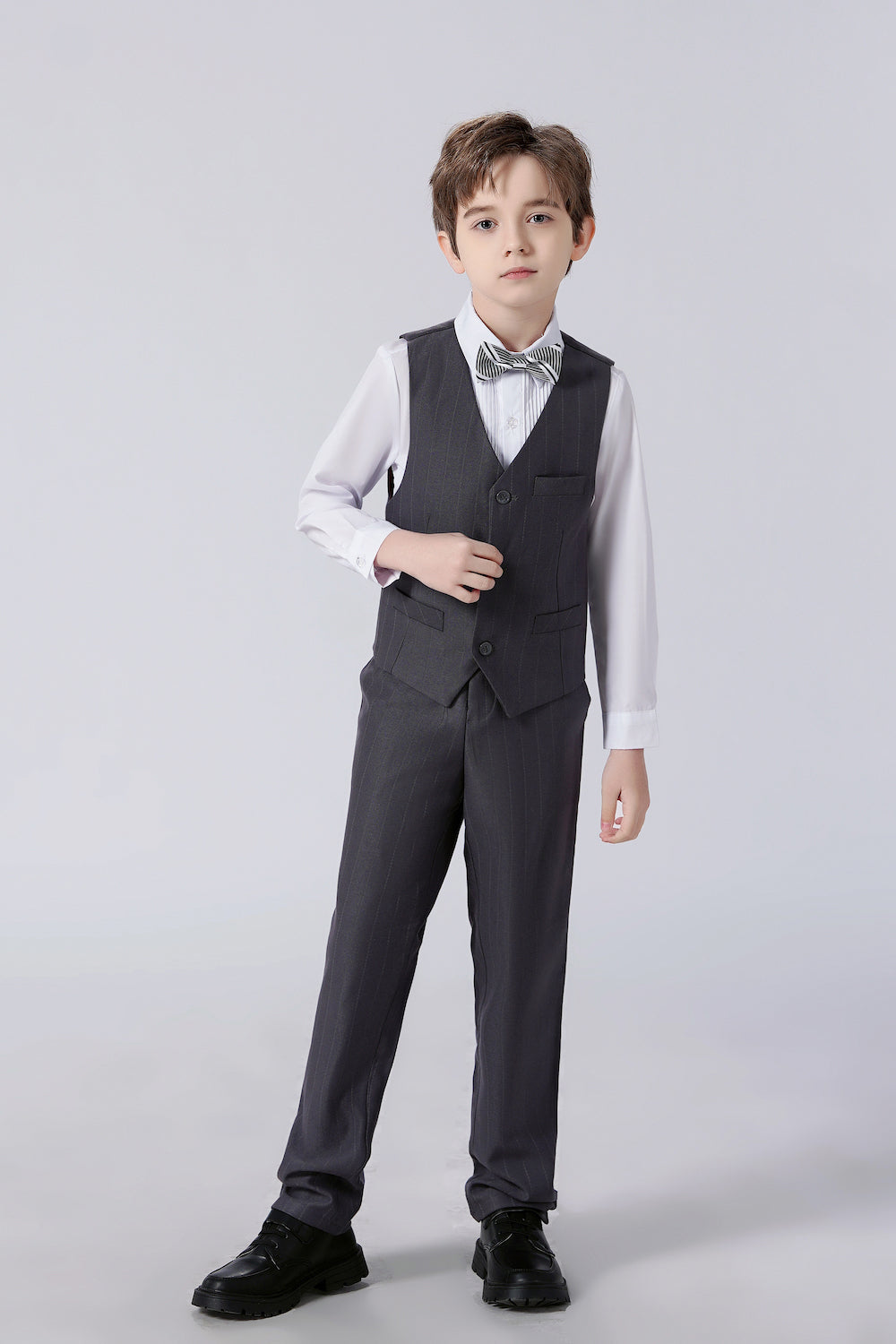 Dark Grey Striped Modern 4 Piece Boy's Formal Suits