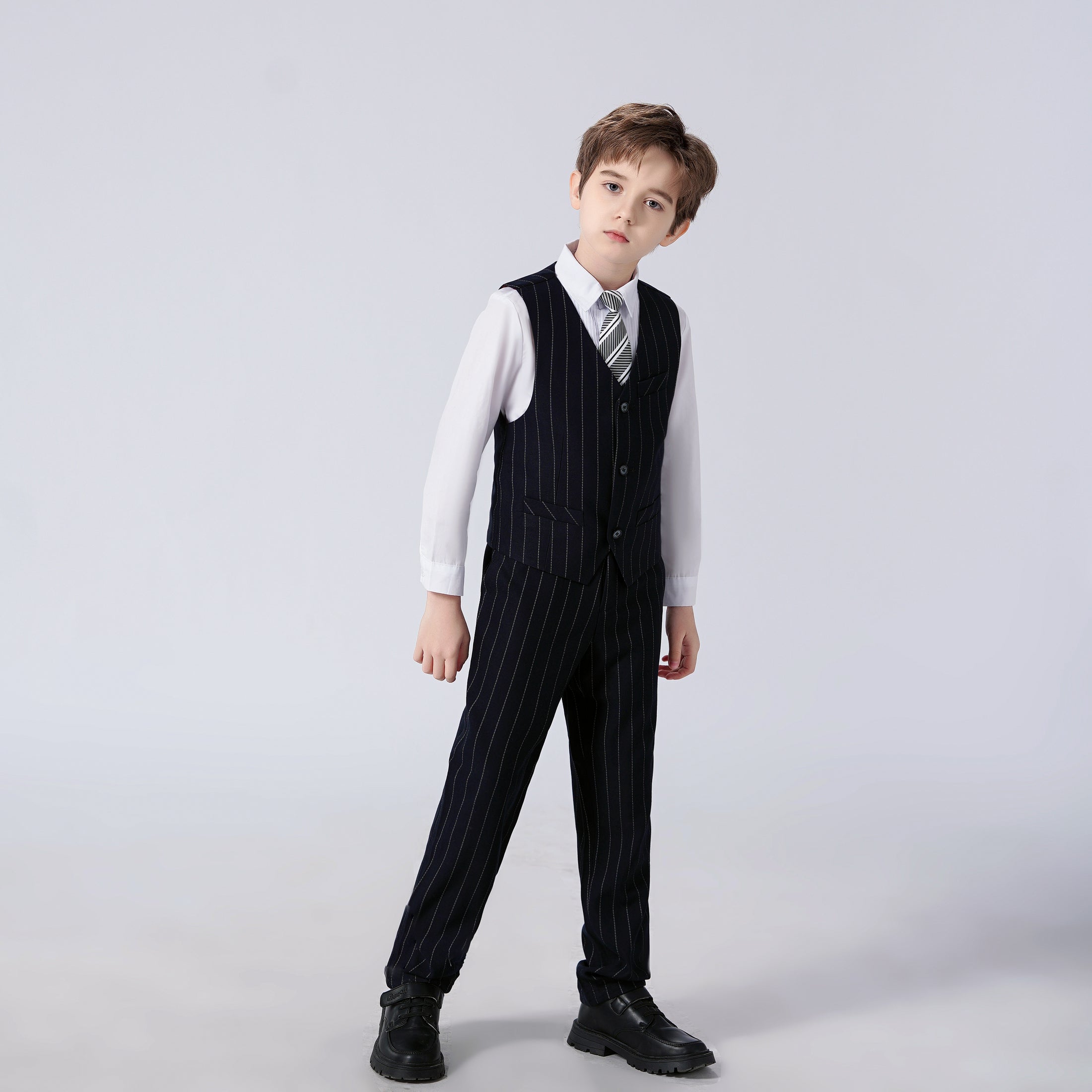 Black Striped Modern 4 Piece Boy's Formal Suits