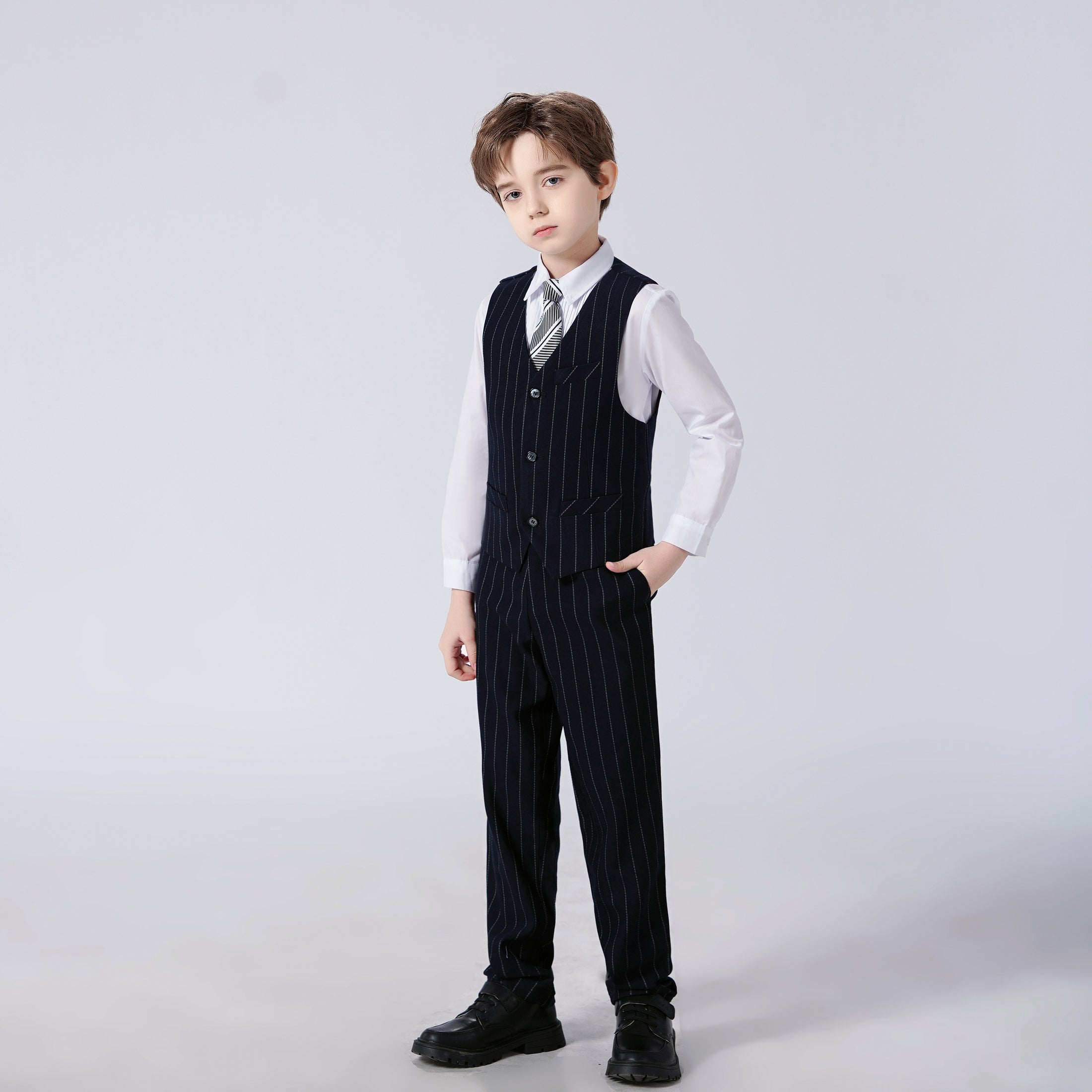 Black Striped Modern 4 Piece Boy's Formal Suits