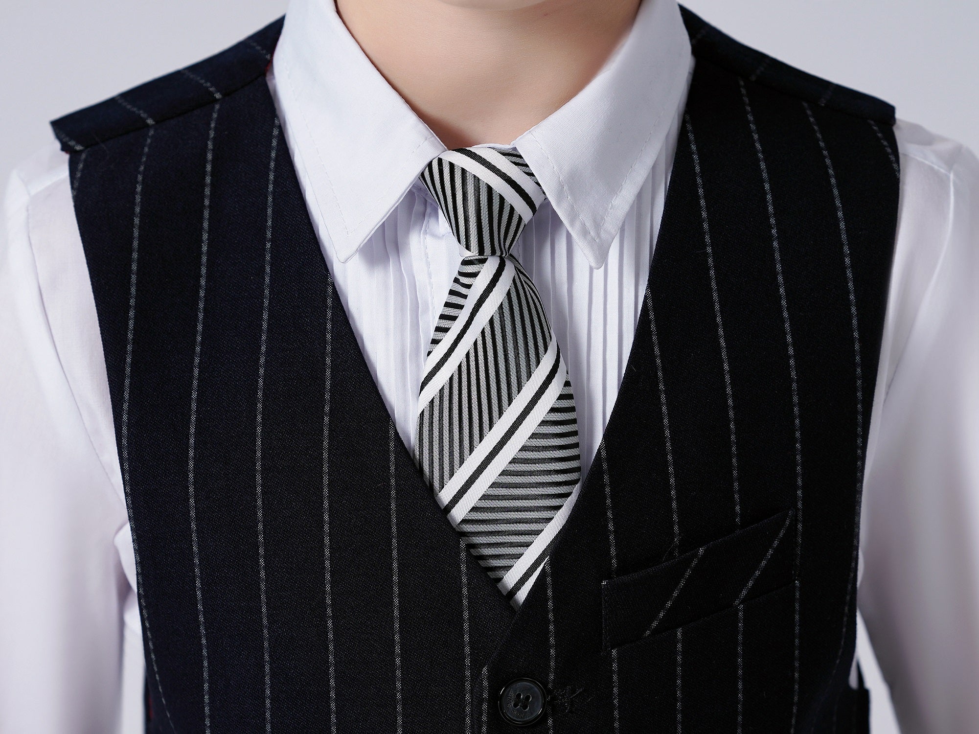 Navy Striped Slim Fit Modern 5 Piece Boy's Formal Suits