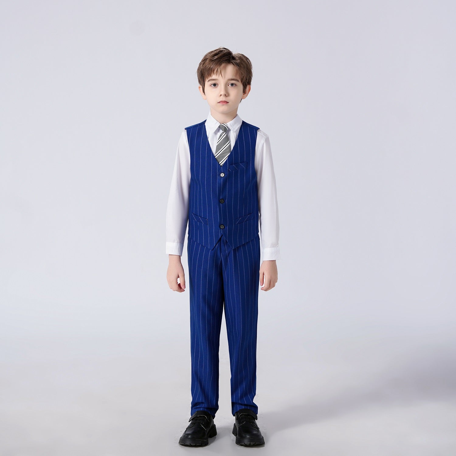 Royal Blue Striped Slim Fit Modern 4 Piece Boy's Formal Suits With Vest+Pants+Shirt+Tie