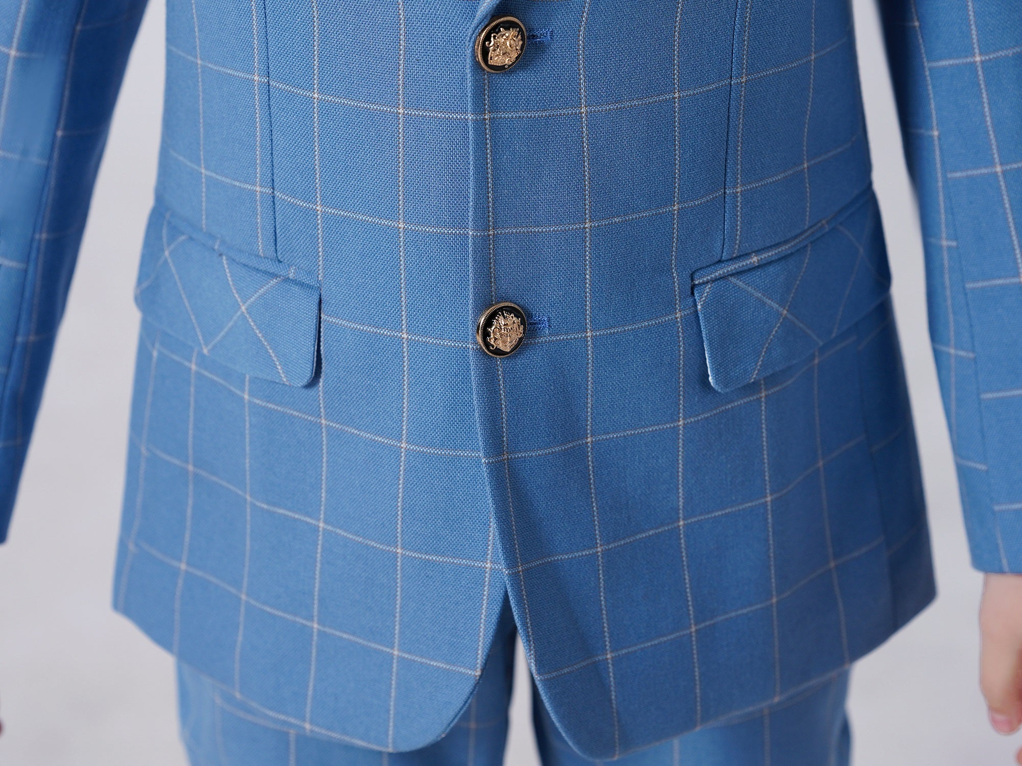 Light Blue Plaid Elegant Formal 5 Piece Boys Suits