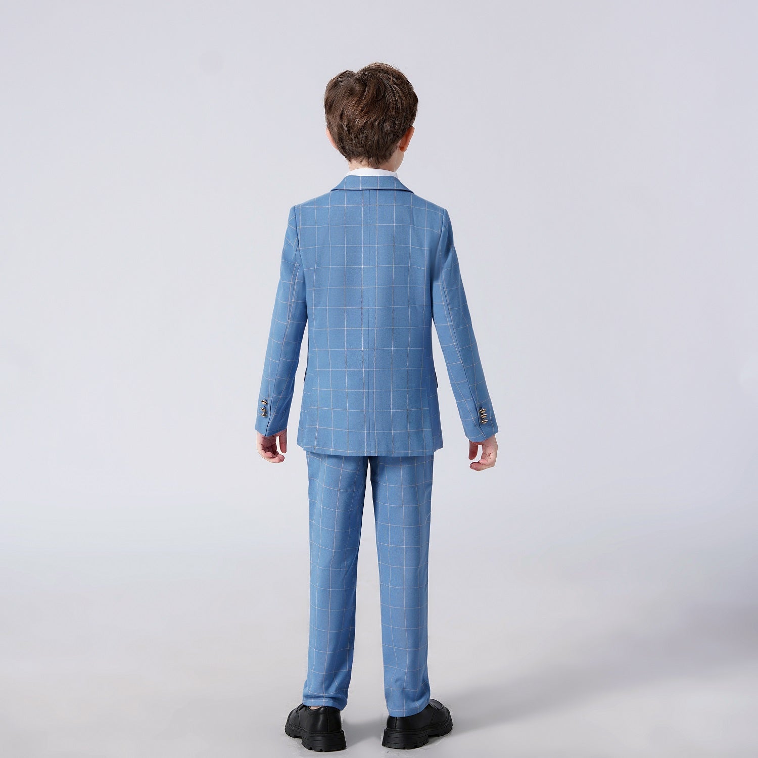 Light Blue Plaid Elegant Formal 5 Piece Boys Suits