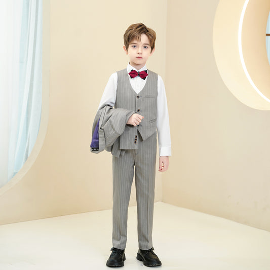 Light Grey Striped Modern 5 Piece Boy's Formal Suits