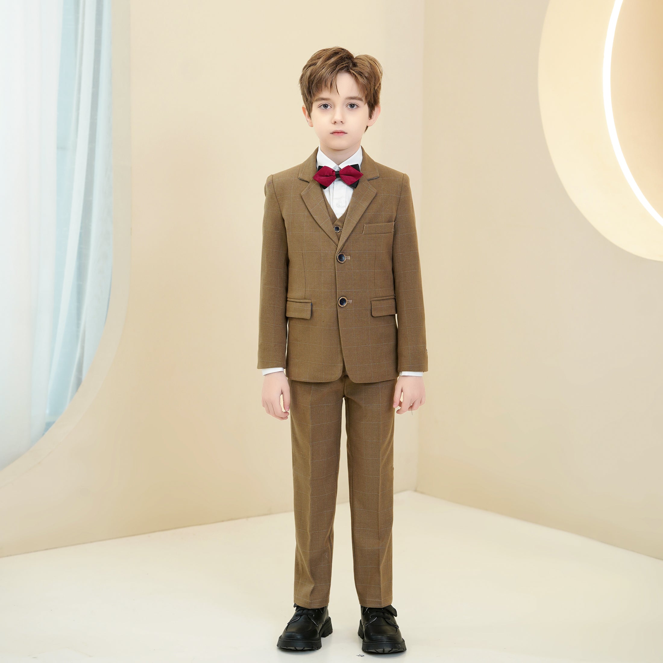 Dark Khaki Plaid Elegant 5 Piece Boys Suits