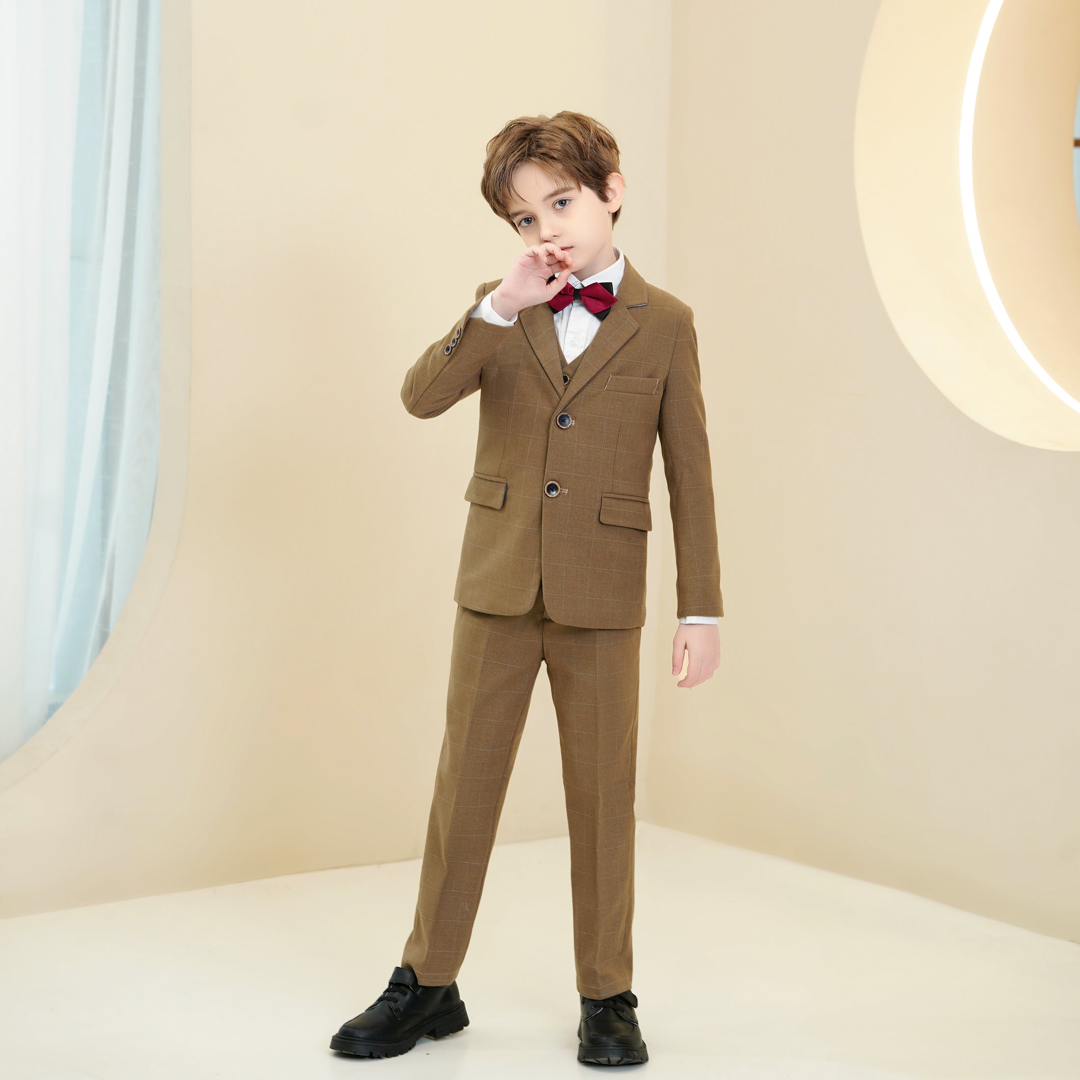 Dark Khaki Plaid Elegant 5 Piece Boys Suits