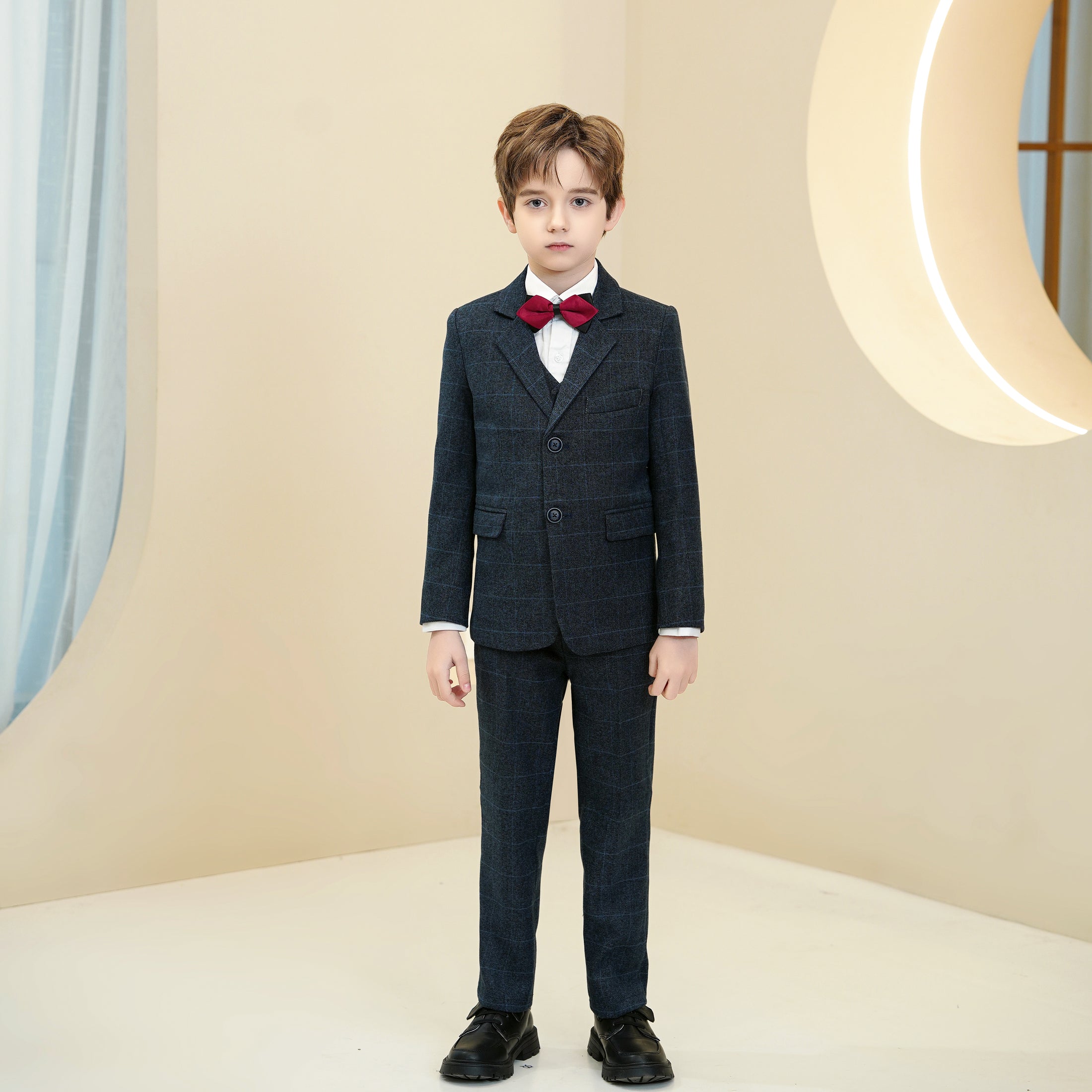 Navy Plaid Elegant 5 Piece Boys Suits