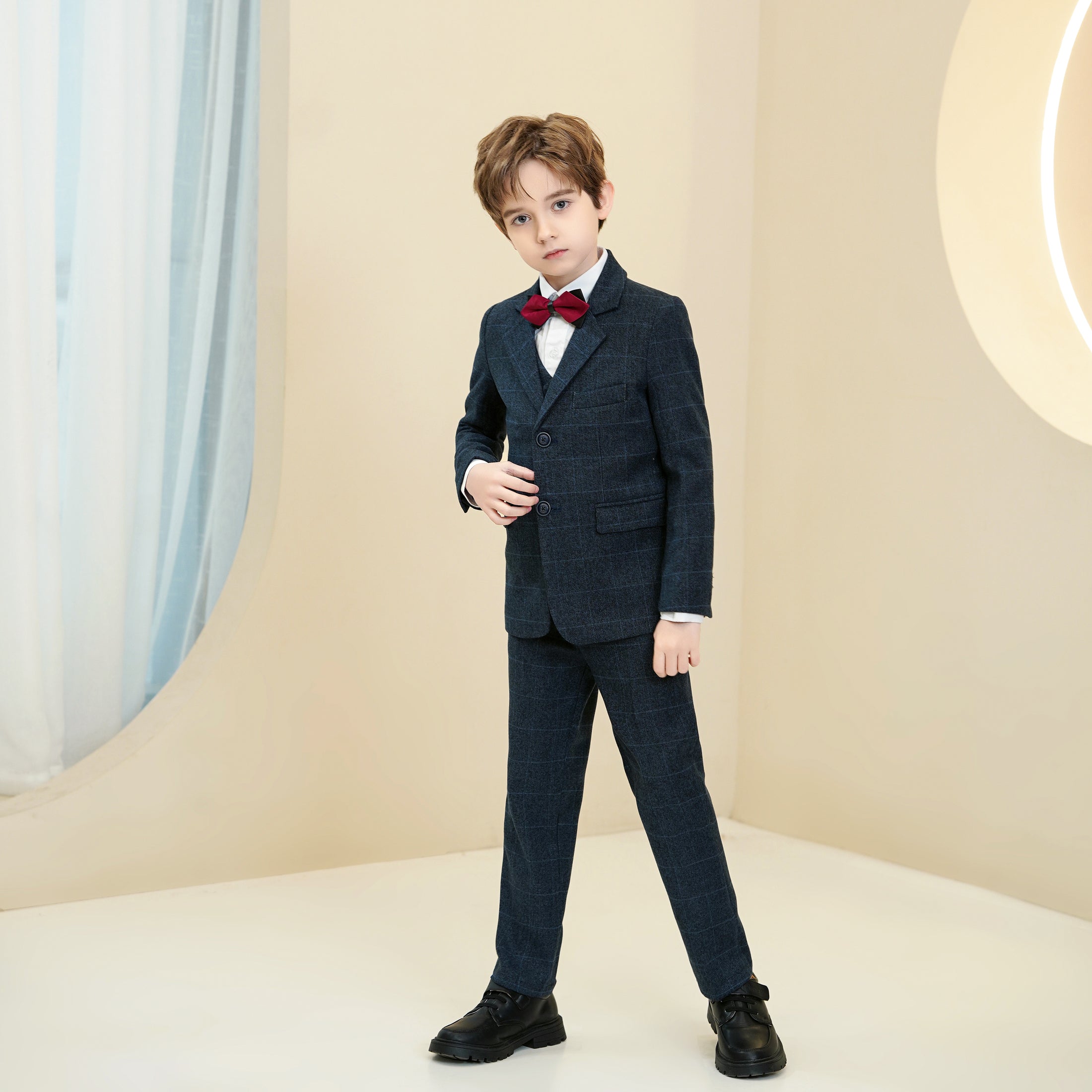 Navy Plaid Elegant 5 Piece Boys Suits