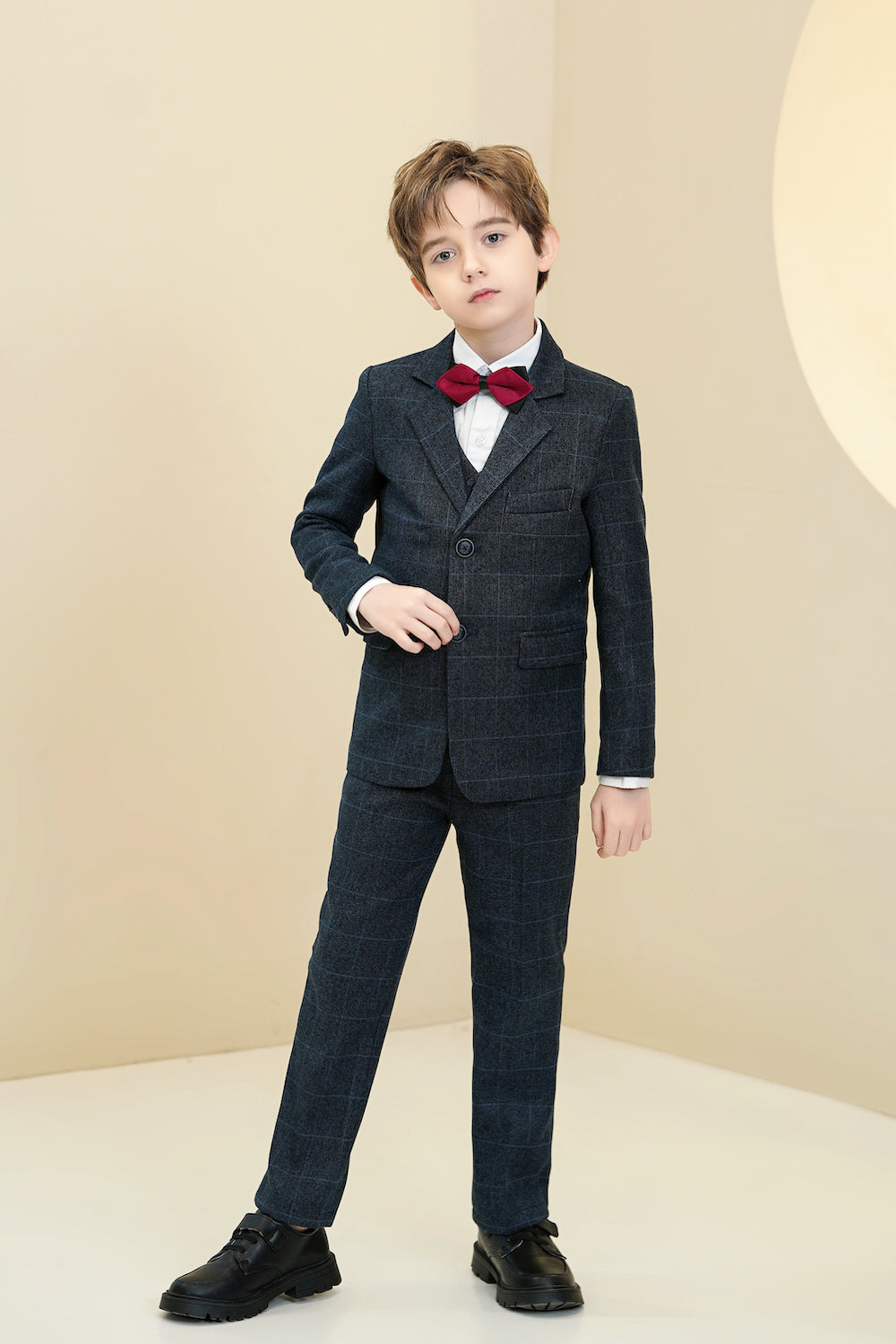 Navy Plaid Elegant 5 Piece Boys Suits