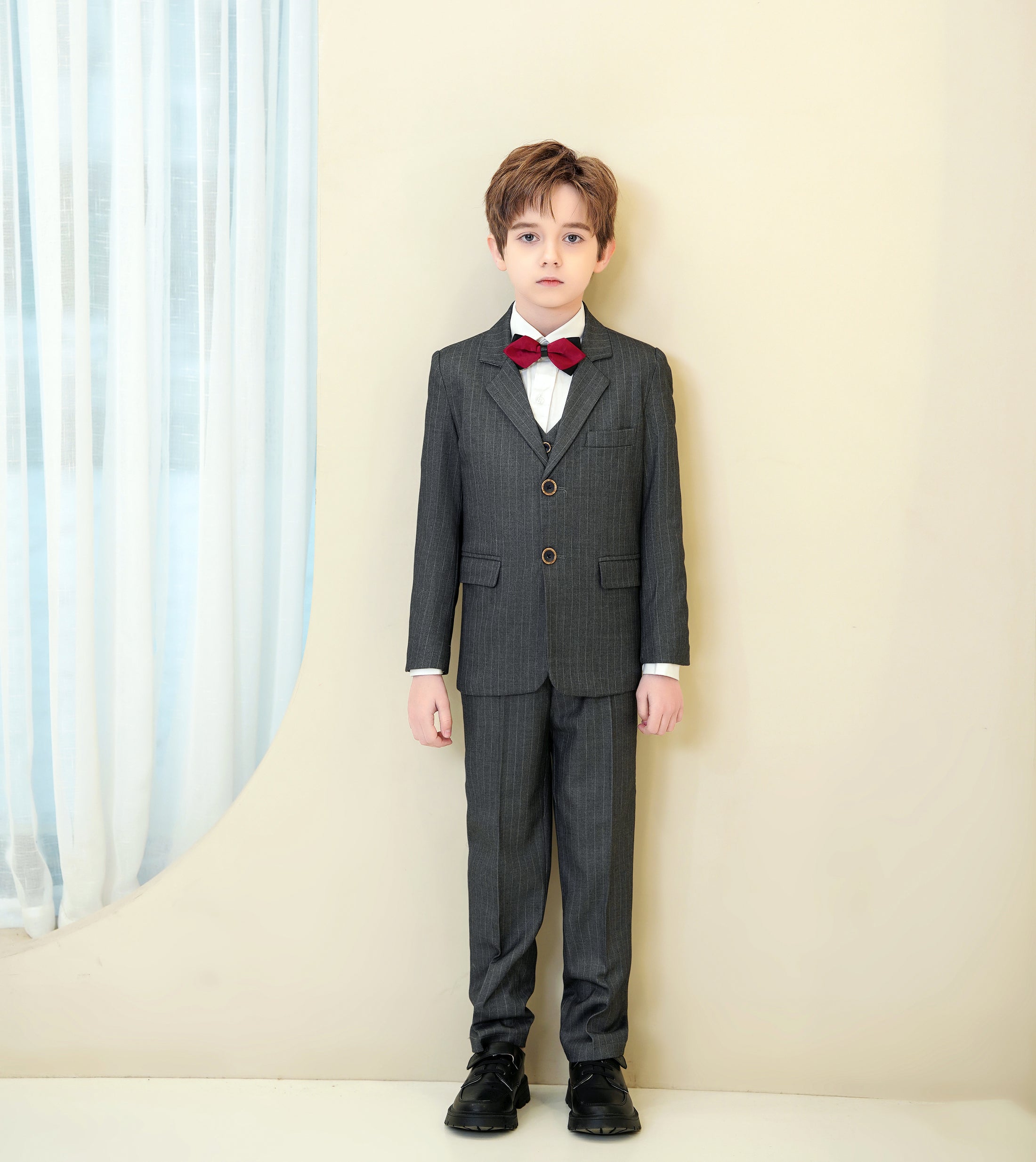 Dark Grey Striped Modern 5 Piece Boy's Formal Suits