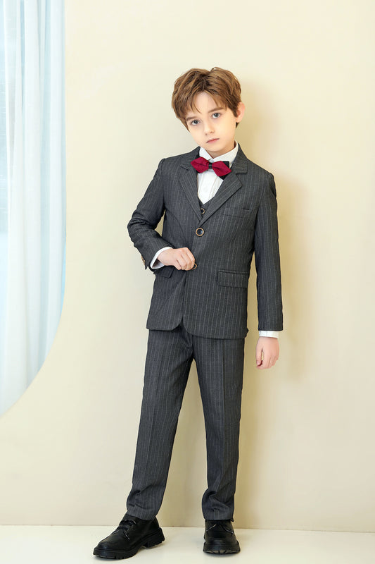 Dark Grey Striped Modern 5 Piece Boy's Formal Suits