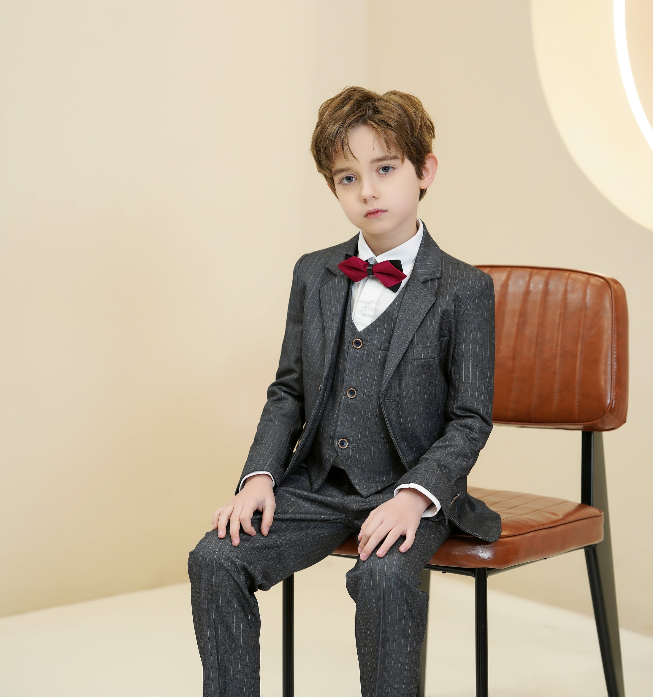 Dark Grey Striped Modern 5 Piece Boy's Formal Suits