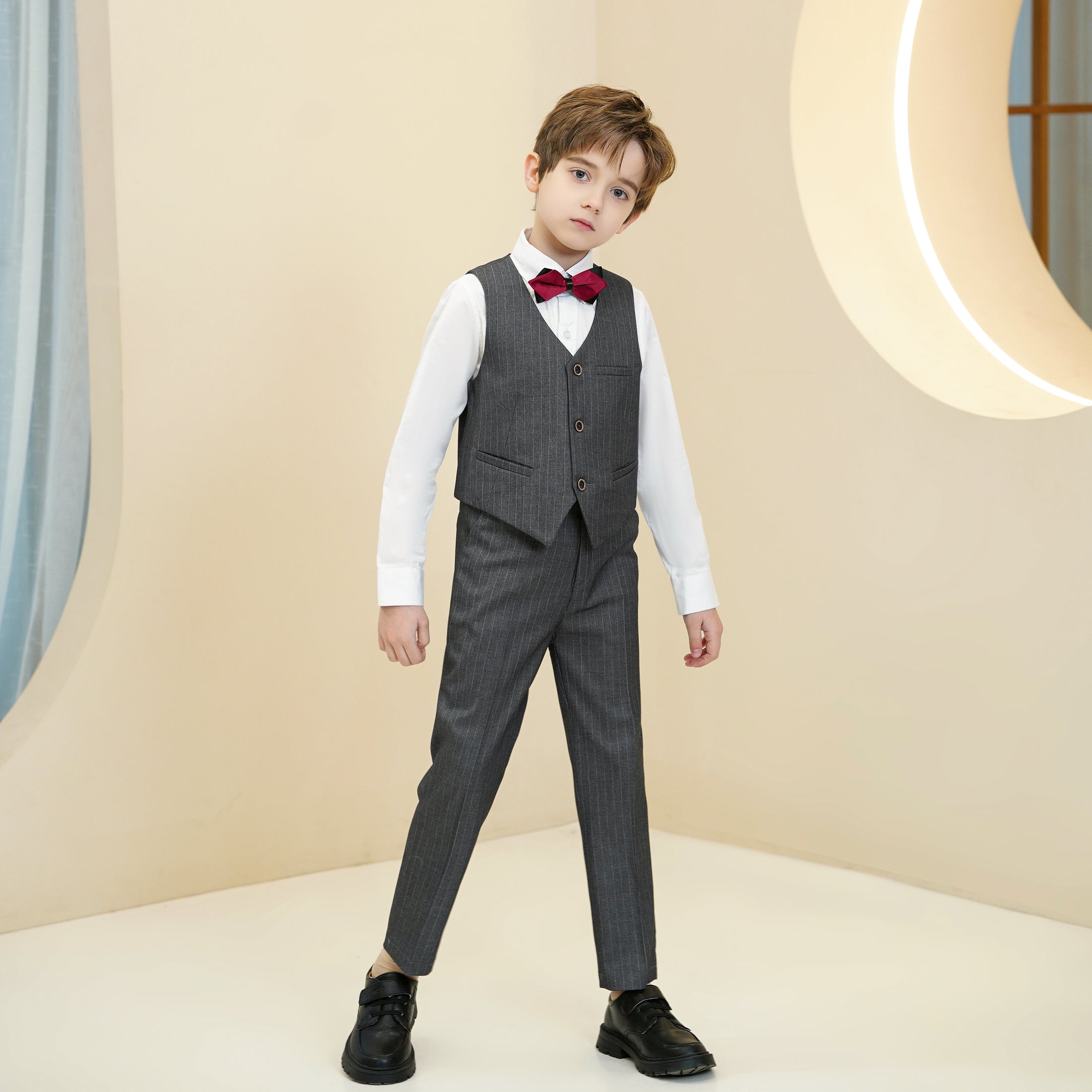 Dark Grey Striped Modern 5 Piece Boy's Formal Suits