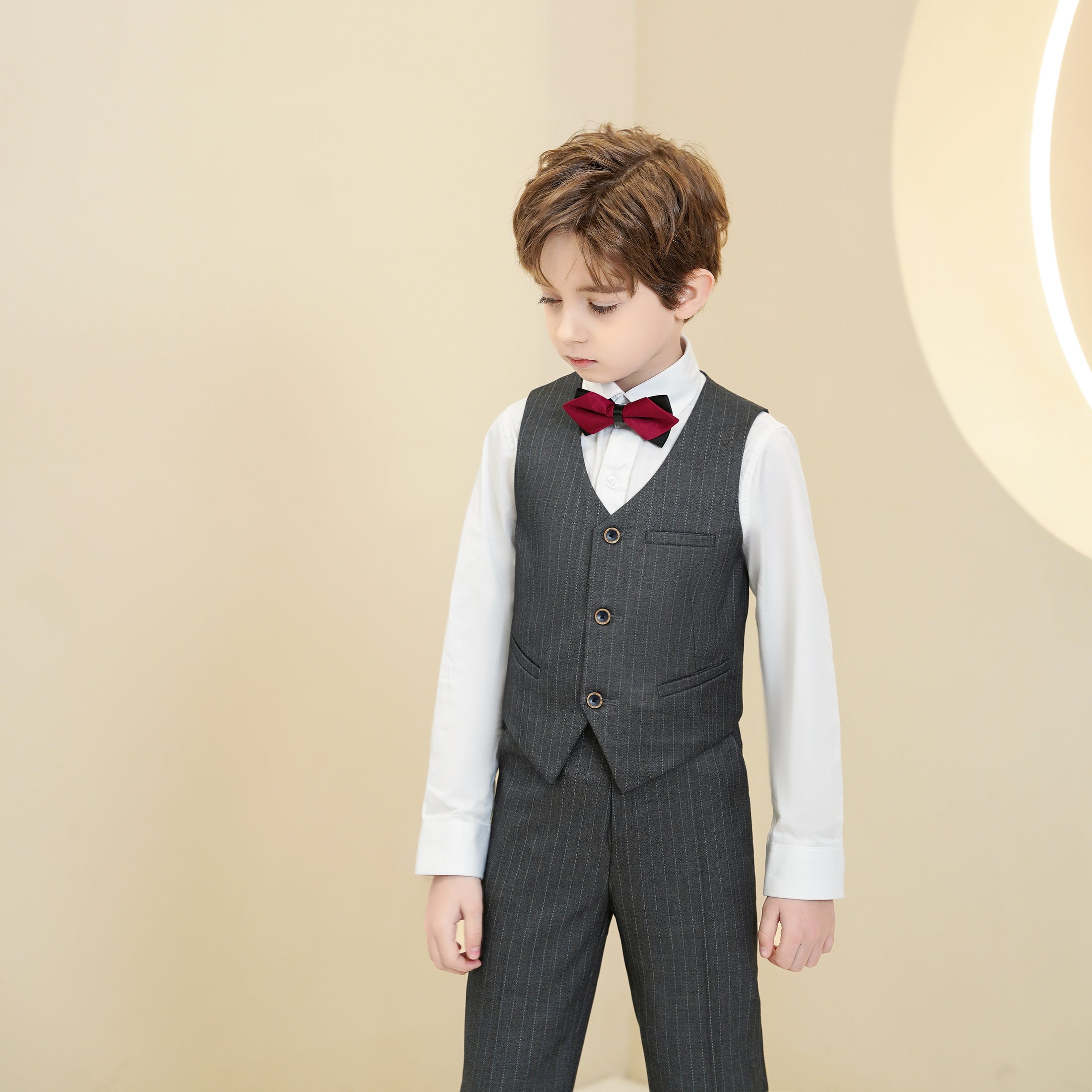 Dark Grey Striped Modern 5 Piece Boy's Formal Suits