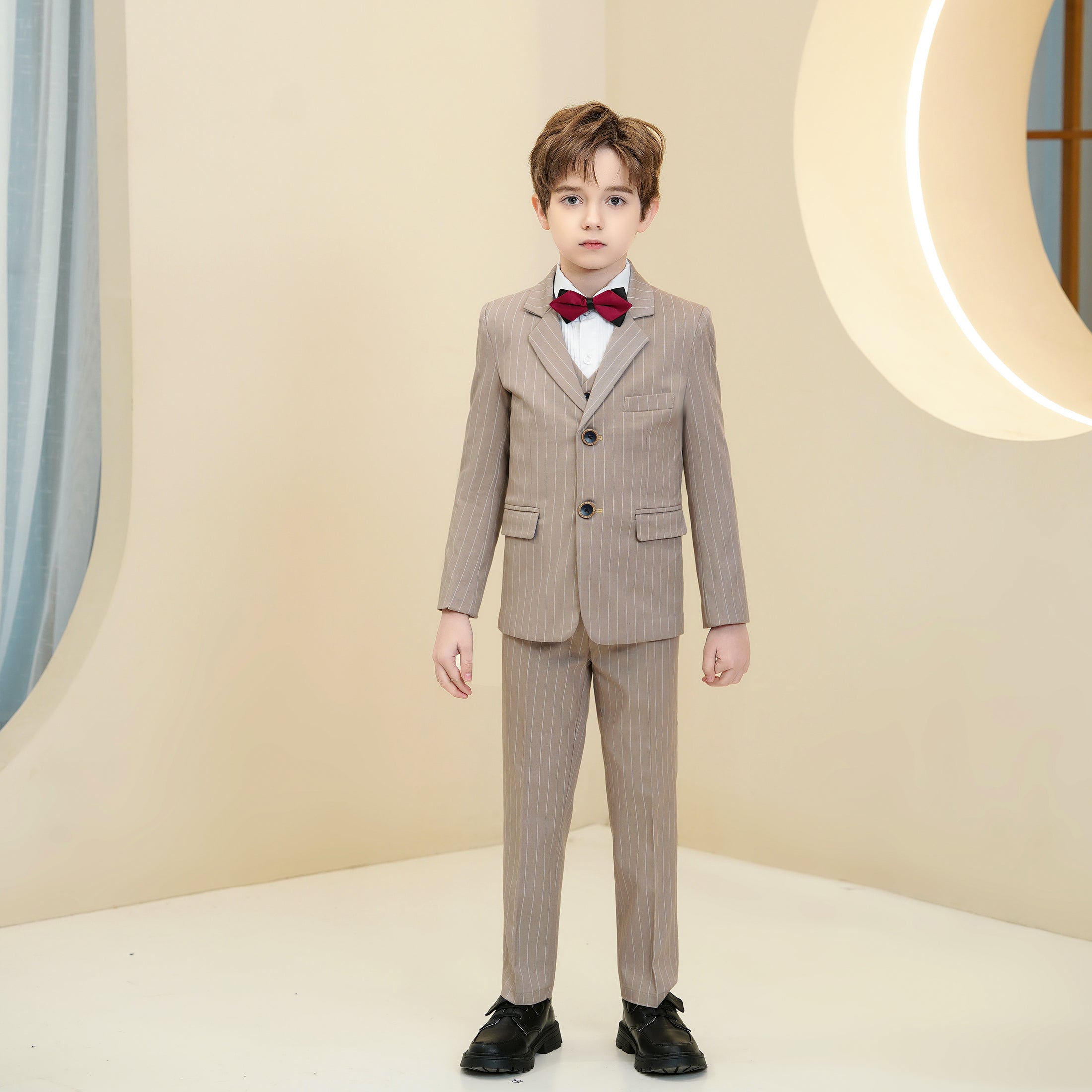 Khaki Striped Modern 5 Piece Boy's Formal Suits