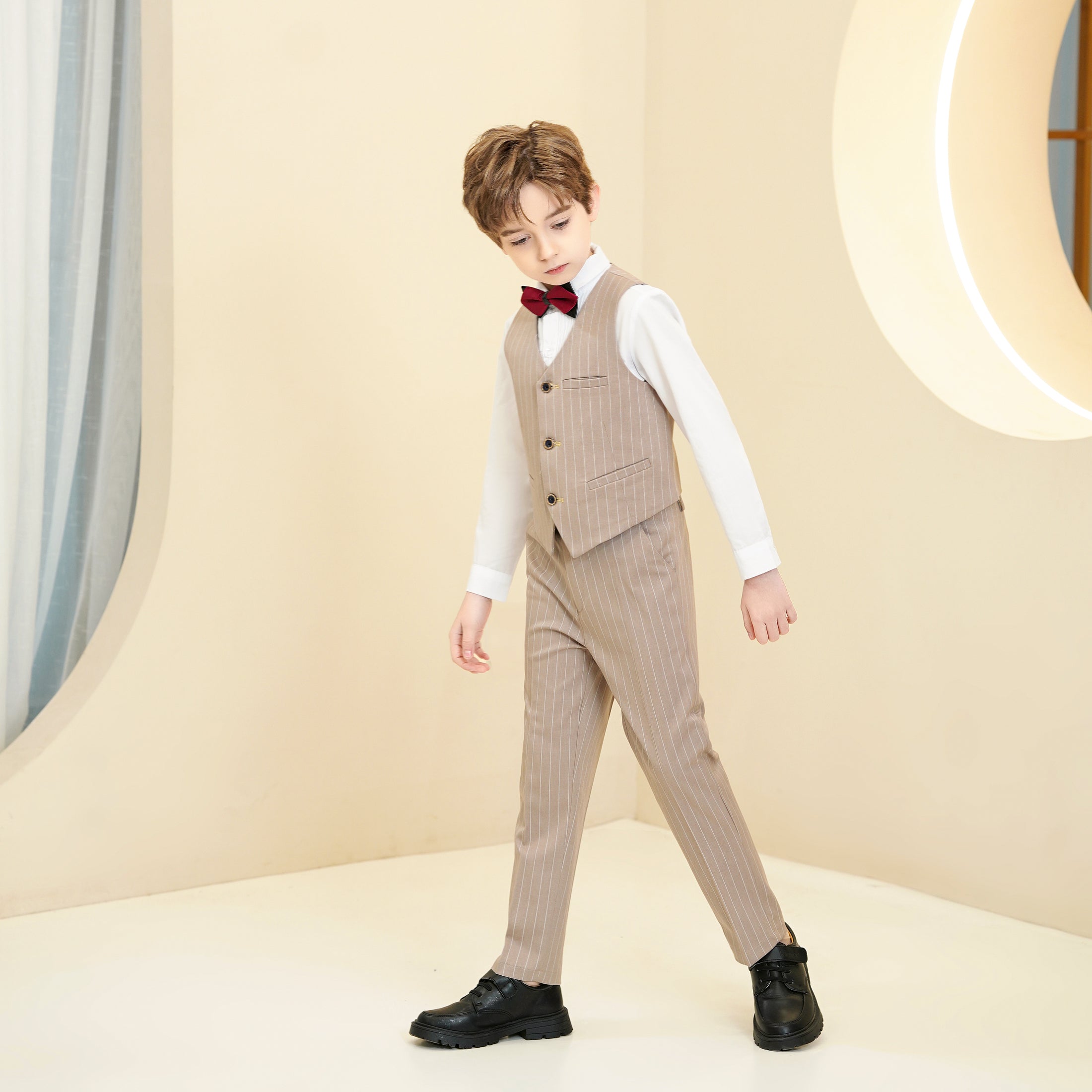 Khaki Striped Modern 5 Piece Boy's Formal Suits