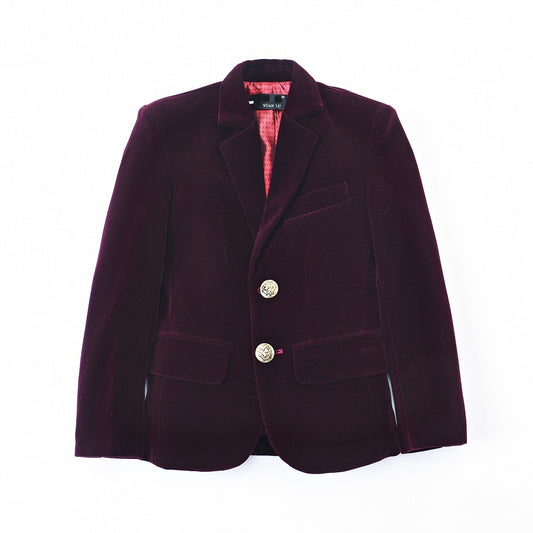 Burgundy Boys Bids Fit Single-Breasted Velvet Blazer