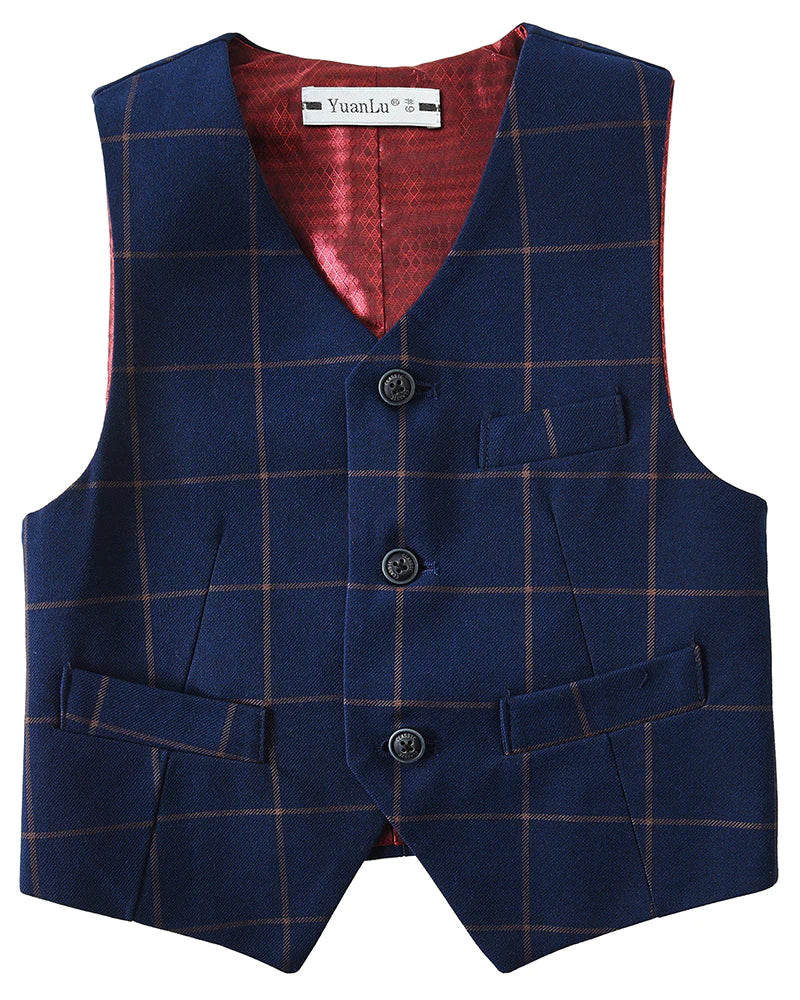 Navy Plaid 2 Piece Kids Boys' Vest and Pants Dress Suits Set