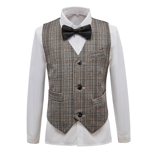 Grey and Brown Plaid Elegant Formal 5 Piece Boys Suits