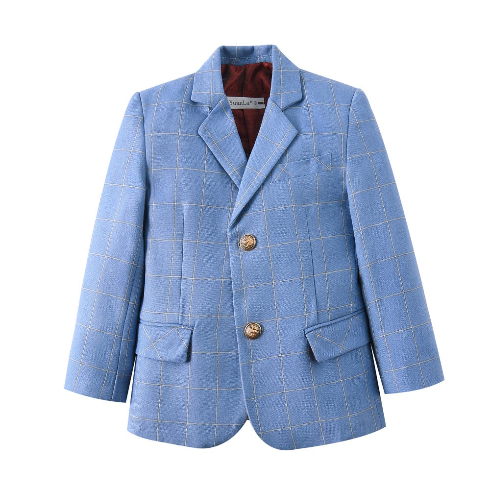 Light Blue Plaid Elegant Formal 5 Piece Boys Suits