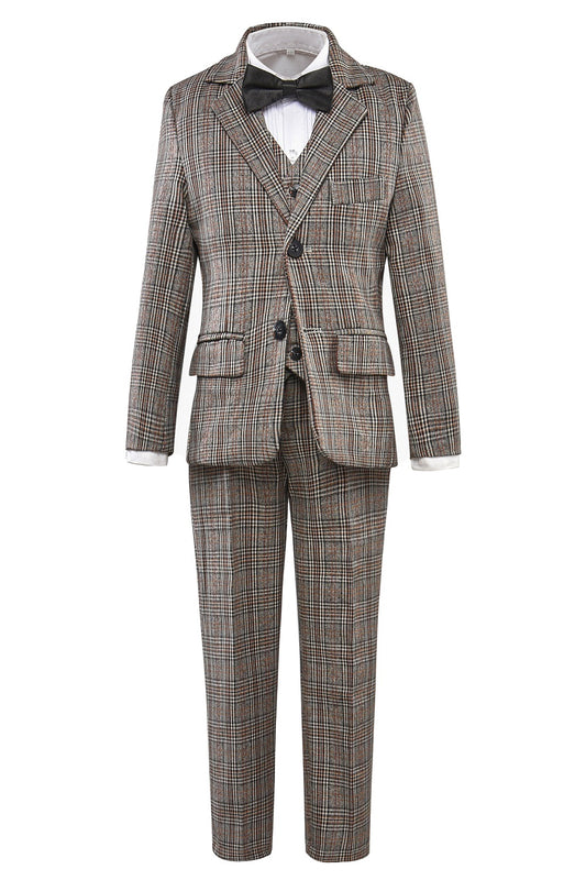 Grey and Brown Plaid Elegant Formal 5 Piece Boys Suits