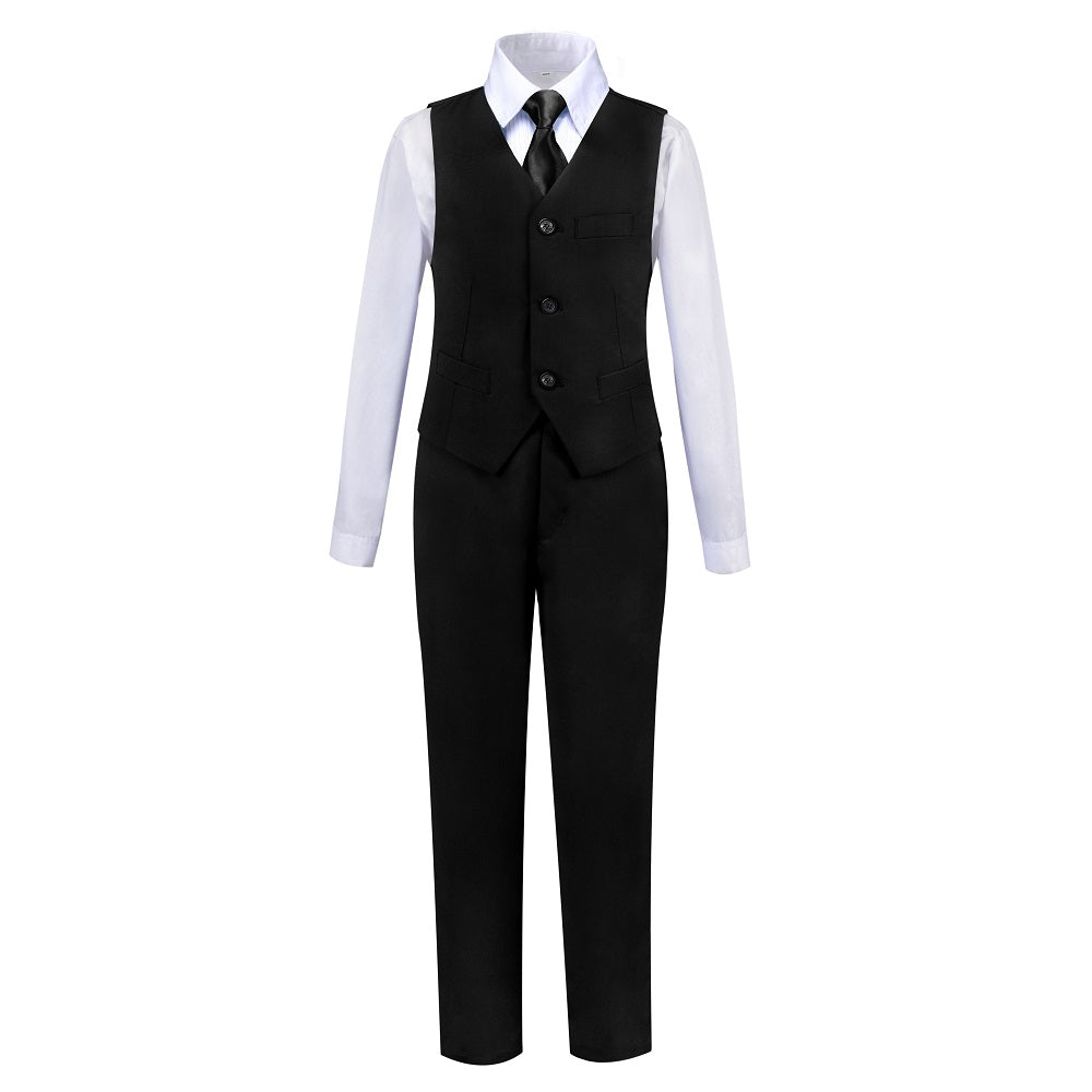 Black Fit Slim 4 Piece Boy's Formal Suits With Vest+Pants+Shirt+Tie