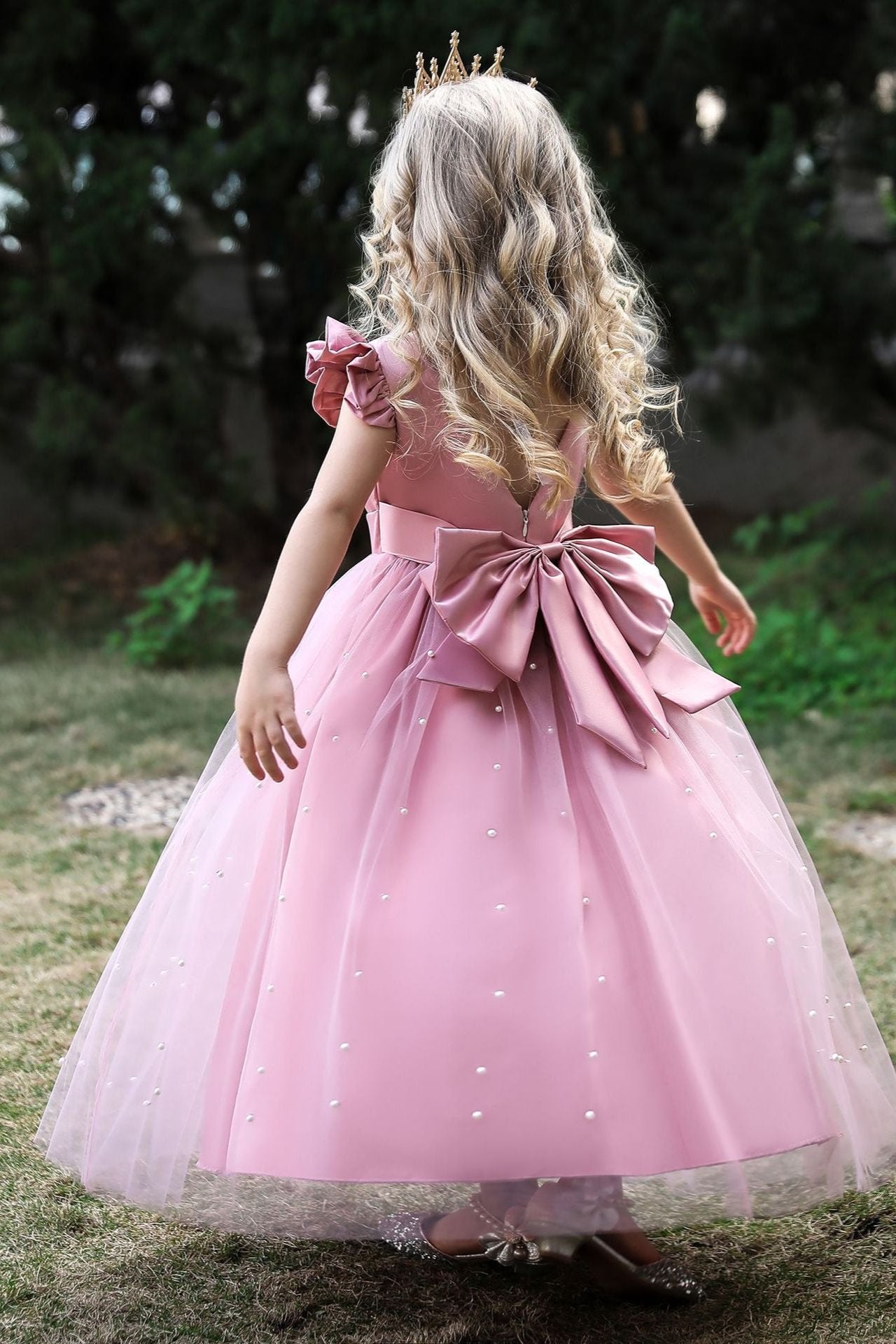 Satin Girl Dress with Pearl Tulle Cape Flower Girl Dresses for Wedding Tulle Pageant Princess Gown FLC00426