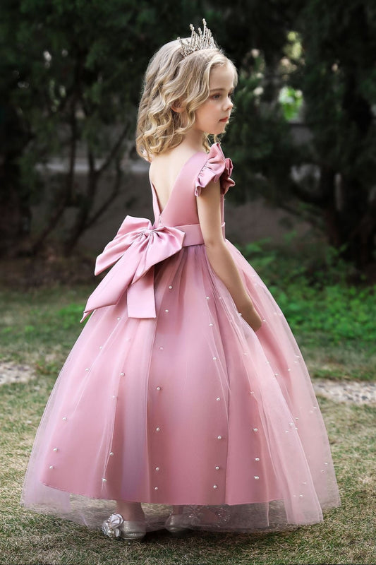 Satin Girl Dress with Pearl Tulle Cape Flower Girl Dresses for Wedding Tulle Pageant Princess Gown FLC00426