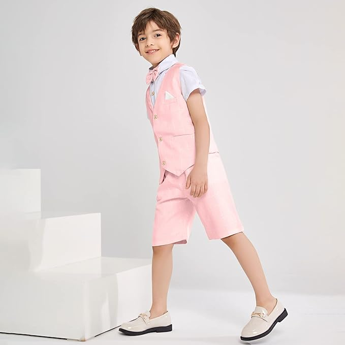 Summer Boys Suit 4Pcs Shirt Vest Shorts Tie Set