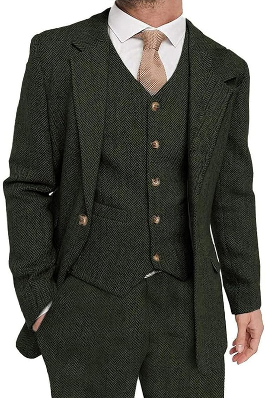 Mens Suit 3 Pieces Formal Tweed Herringbone Dress Suit Notch Lapel Dress