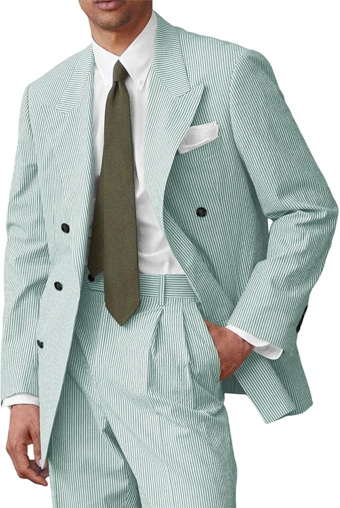 Seersucker Striped Long Blazer Pants 2 Piece Men's Summer Suit