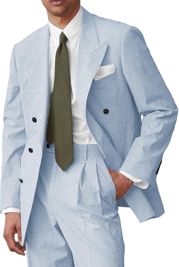 Seersucker Striped Long Blazer Pants 2 Piece Men's Summer Suit