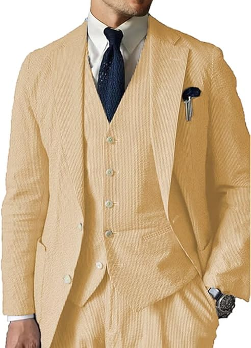 Casual Beach Wedding Summer Seersucker Blazer Vest Pants 3 Piece Men Suit