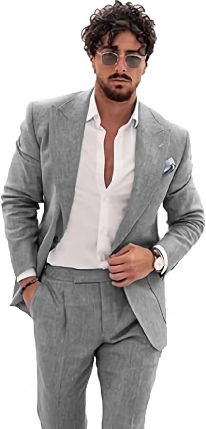 Summer Casual Linen Men's  2 Piece Suit Blazer Pants Set