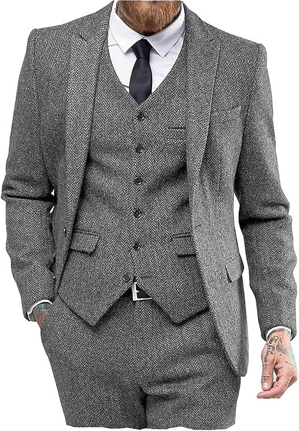 Mens Tweed Herringbone Wedding Suit Prom Tuxedos 3 Piece Peak Lapel Dress