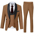 Load image into Gallery viewer, Brown shawl collar 3 piece men's suit with tailored blazer, vest, and trousers – classic wedding attire
