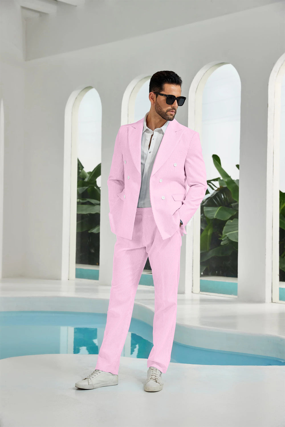 Seersucker Double Breasted Blazer Pants 2 Piece Men's Summer Suit