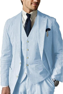 Casual Beach Wedding Summer Seersucker Blazer Vest Pants 3 Piece Men Suit