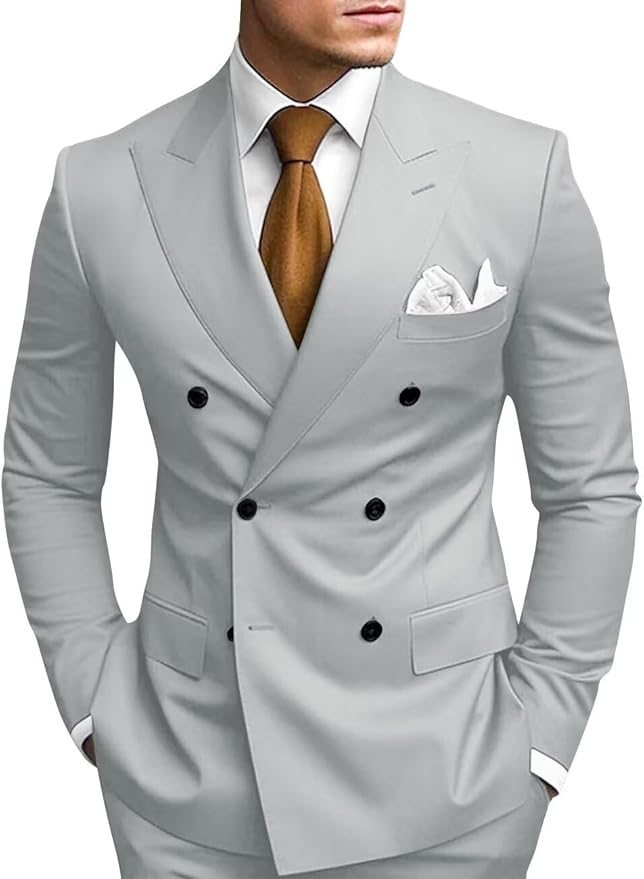 Double Breasted Peak Lapel 2 Piece Mens Slim Fit Suit