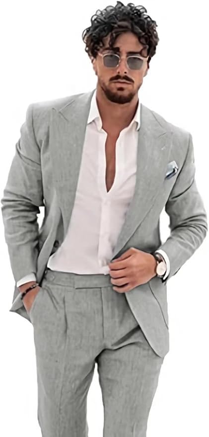 Summer Casual Linen Men's  2 Piece Suit Blazer Pants Set