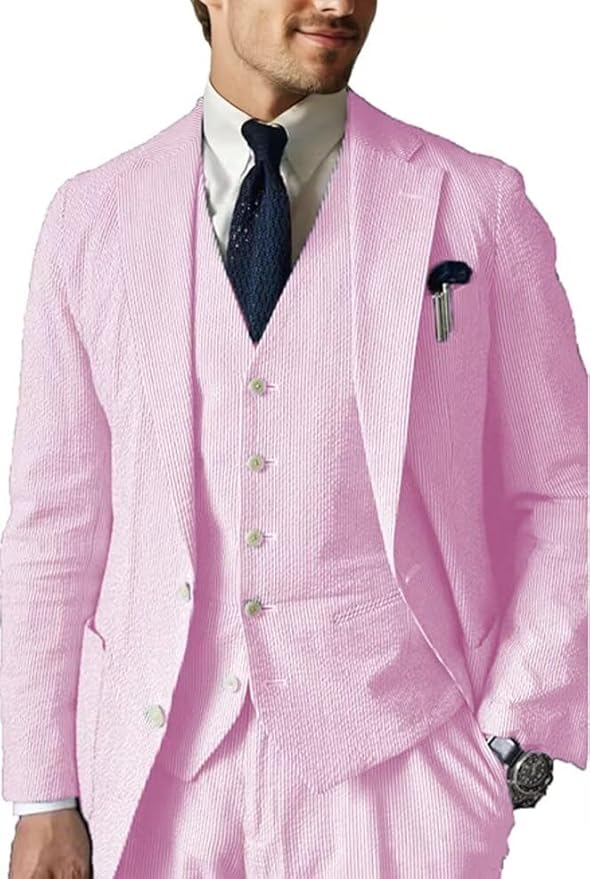 Casual Beach Wedding Summer Seersucker Blazer Vest Pants 3 Piece Men Suit