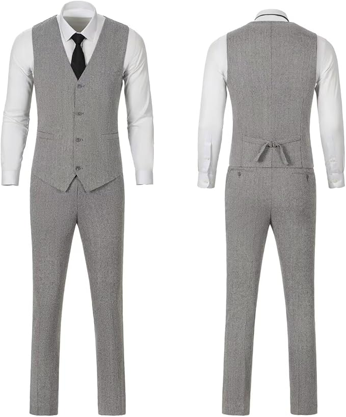 Retro Tweed Herringbone Long Blazer 3 Pieces Mens Suits 3690