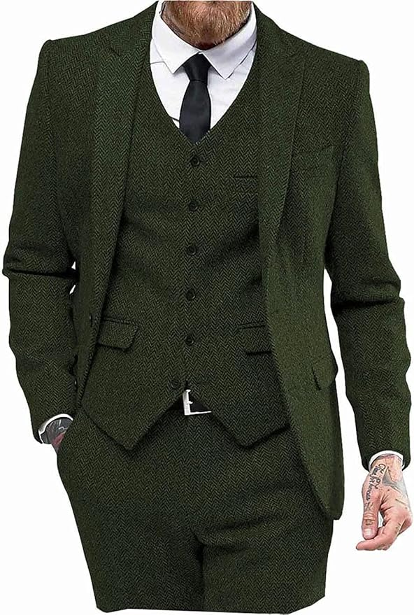 Mens Tweed Herringbone Wedding Suit Prom Tuxedos 3 Piece Peak Lapel Dress