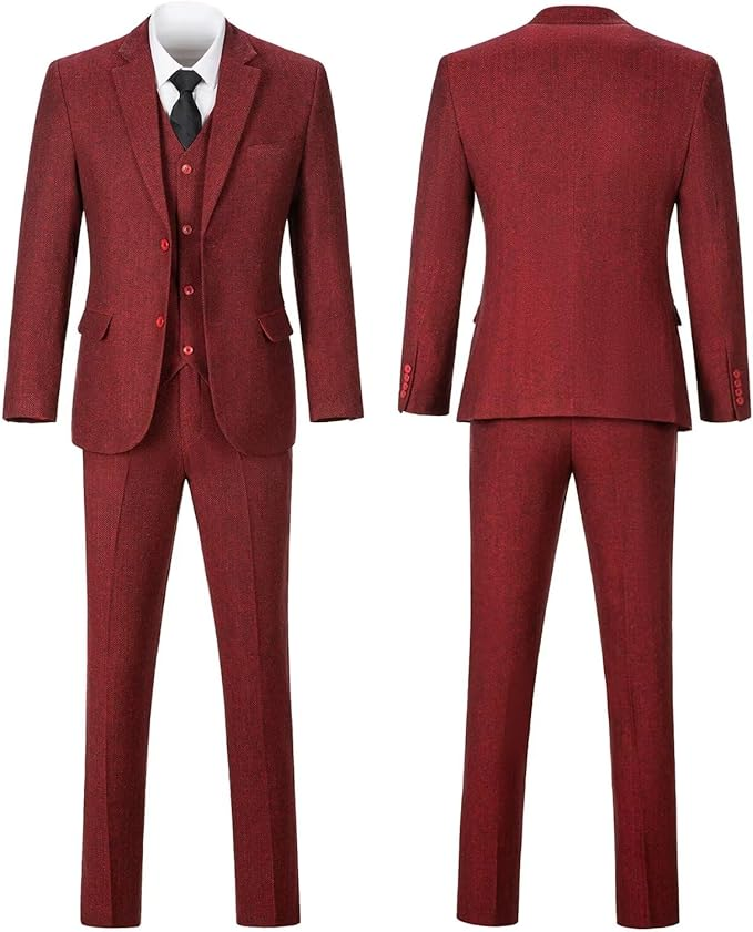 Retro Tweed Herringbone Slim Fit Notch Lapel Tuxedos Set Prom 3 Piece Men's Suit